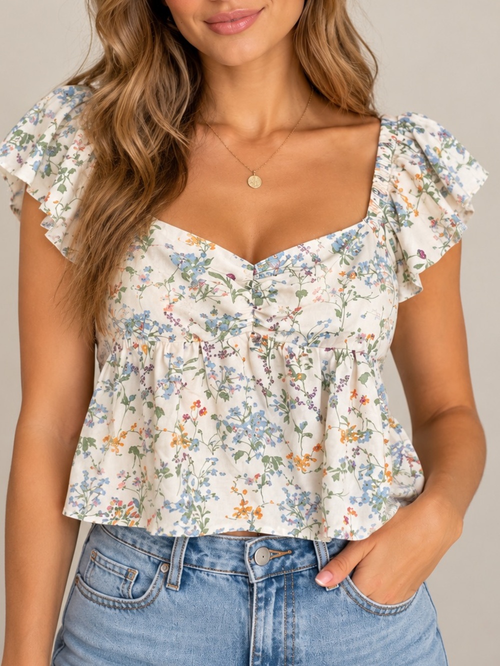 Midnight Sky Floral Cottagecore Smocked Peplum Top XS Linen Blend